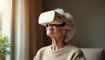 Elderly woman uses virtual reality headset indoors. She explores digital worlds with modern tech. Senior citizen enjoys immersive experience in her home.