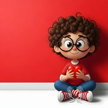 Cute cartoon boy with curly hair wearing glasses and holding a heart