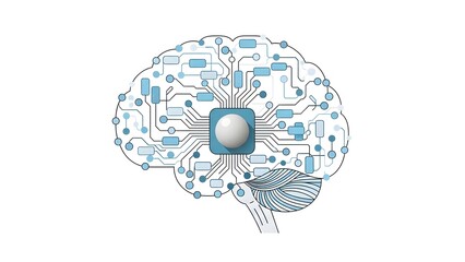 A blue and white illustration of a brain with a circuit board design