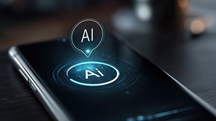 Artificial intelligence concept on smartphone screen with glowing AI icon and futuristic interface