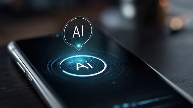 Artificial intelligence concept on smartphone screen with glowing AI icon and futuristic interface - Powered by Adobe