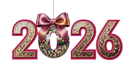 Happy New Year 2026 Celebration Concept with Pink Glitter Disco Ball and Silk Ribbon Bow.