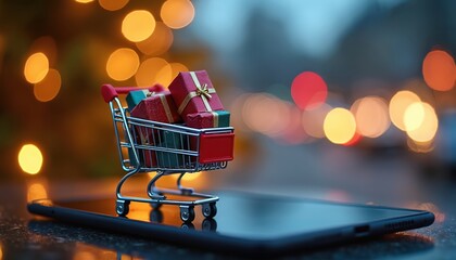 Mini shopping cart full of gift boxes rests on a smartphone. Blurred festive bokeh lights create a background suggesting a holiday shopping or online retail concept. Ideal for e-commerce marketing.