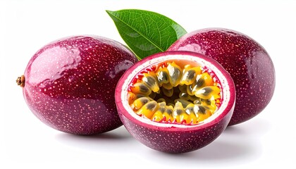 Passion Fruit Still Life: Two Whole and One Sliced Purple Passion Fruits with Green Leaf