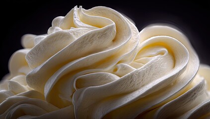 Close-up view of whipped cream textures, showcasing its delicate swirls and creamy tones against a dark backdrop.