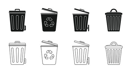 Collection of various trash can icons in black and white outline style