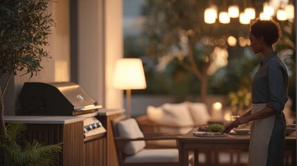 Fototapeta premium Young woman standing in an outdoor patio area at sunset. she is wearing a striped shirt and apron and is holding a plate of food in her hand.