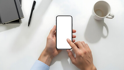 Overhead view of hands holding smartphone with blank screen