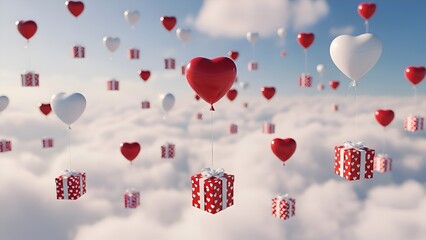 Floating Heart Balloons with Gift Box in Sky Scene