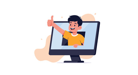 Happy cartoon boy emerging from a computer screen and giving a thumbs-up gesture for positive feedback or online approval.