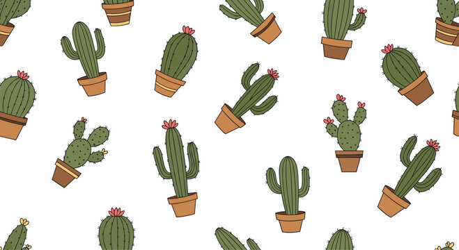 Seamless background pattern with various hand-drawn doodle style cactus and succulent plants in simple terracotta flower pots.