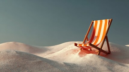 Fototapeta premium A solitary orange and white striped deck chair rests on a sandy dune under a clear sky