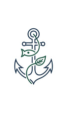Nautical eco anchor line art with fish and leaf icon, sustainable fishing and marine conservation logo on transparent background