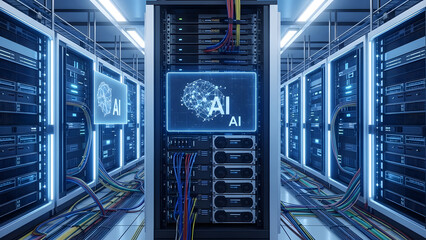 AI data center server room with artificial intelligence processors, neural network visualization, high performance computing infrastructure and cloud technology concept
