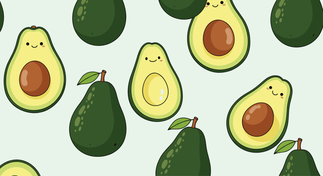 Seamless pattern of adorable kawaii avocado characters with cute smiling faces, showing whole and halved fruit on a light background.