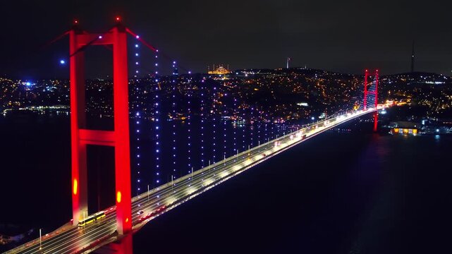Night view of Istanbul Bosphorus and illuminated bridge. City lights highlight a modern urban skyline, ideal for travel, transportation, architecture, metropolitan life, and cityscape visuals.