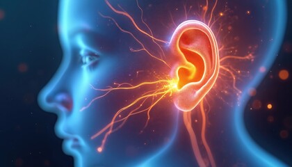 Human head profile displays glowing ear with nerve connections. Illustration depicts auditory sensation or ear pain. Medical or science concept of sound perception.
