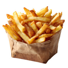 Delicious french fries in a paper bag isolated on transparent background