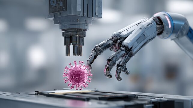 Robotic arm examining a virus particle under a microscope in a laboratory setting - Powered by Adobe