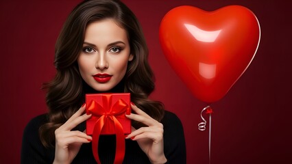 Red Gift Box in Female Hands Romantic Flat Composition