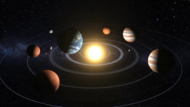 Illustration of the solar system with planets orbiting the sun in space.