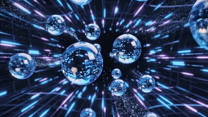 Dynamic abstract representation of advanced data processing and technological innovation within a futuristic digital network featuring glowing blue spheres and energetic light trails symbolizing inte. - Powered by Adobe