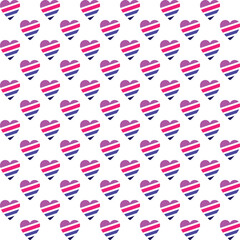 Pattern created from diagonally striped neon pale pink, pink, blue and black hearts on a transparent background