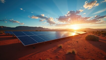 Vast solar farm in Australian outback at sunset. Panels gather suns rays across dusty red earth and arid vegetation. Clean energy source powers remote landscape under wide blue sky with sunbeams.