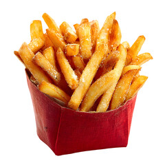 Delicious french fries in red container isolated on transparent background