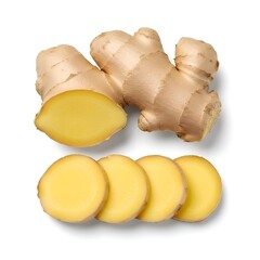 Fresh Ginger Root with Half and Round Slices Isolated