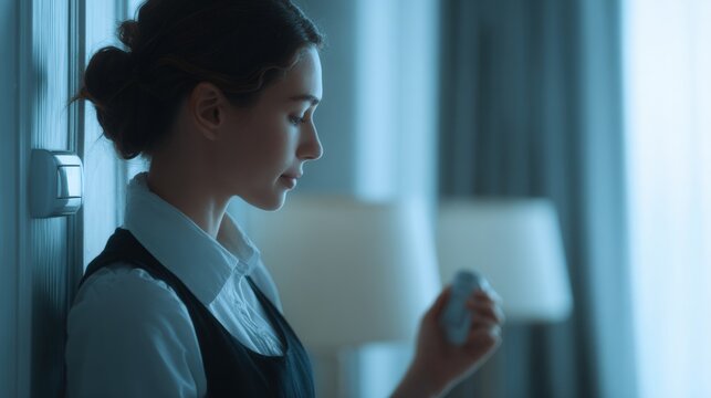 Young woman standing in front of a window, holding a remote control in her hand. she is wearing a white collared shirt and a black vest.