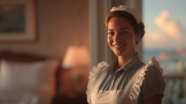 Portrait of a young woman wearing a white apron and a white headband. she is standing in a room with a window in the background, through which we can see a view of the ocean.