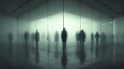 labyrinth made of glass walls reflecting human silhouettes, concept of self-discovery and reflection, cinematic depth, 