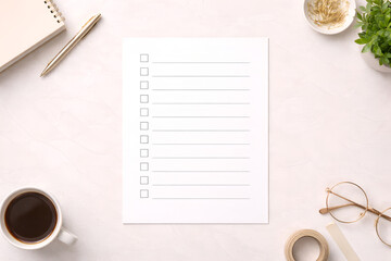 Minimal checklist paper on clean desk with coffee notebook and office accessories representing productivity planning organization and modern work routine concept
