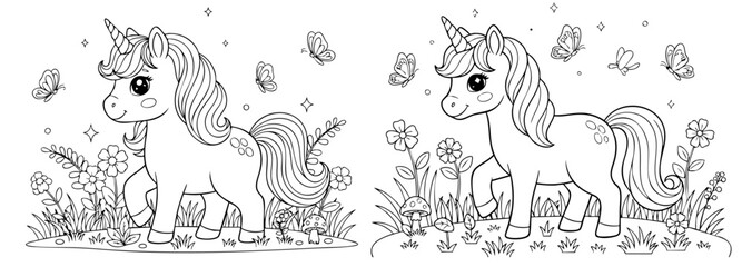 cute coloring page with unicorn and spring garden flowers. you can print it on 8.5x11 inch paper  © Silhouette Master