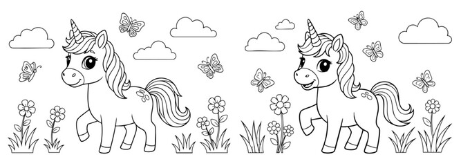 cute coloring page with unicorn and spring garden flowers. you can print it on 8.5x11 inch paper  © Silhouette Master