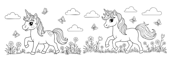 cute coloring page with unicorn and spring garden flowers. you can print it on 8.5x11 inch paper	