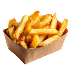 Delicious french fries served in paper container isolated on transparent background