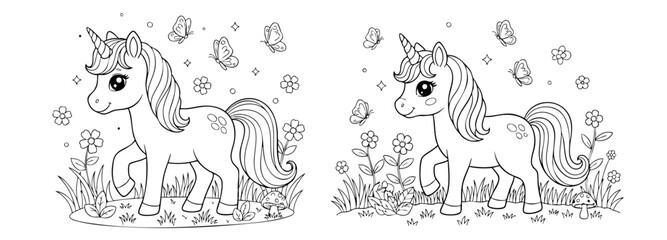 cute coloring page with unicorn and spring garden flowers. you can print it on 8.5x11 inch paper	