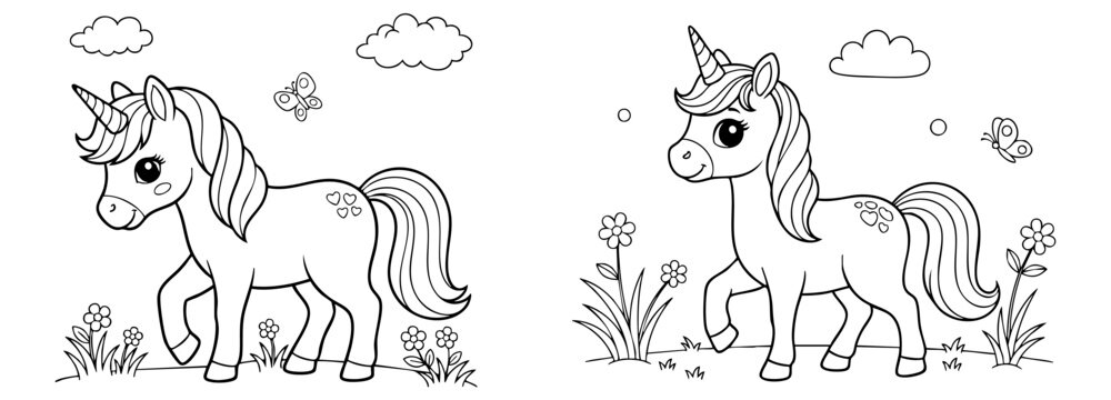cute coloring page with unicorn and spring garden flowers. you can print it on 8.5x11 inch paper	