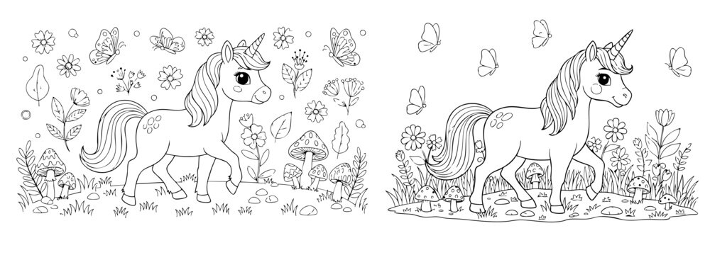 cute coloring page with unicorn and spring garden flowers. you can print it on 8.5x11 inch paper	