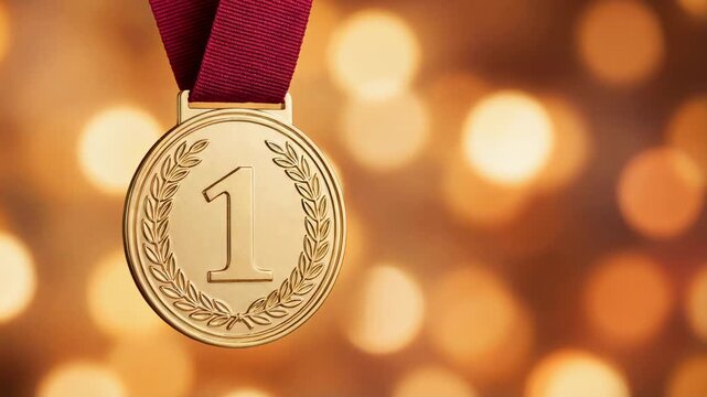 gold first place medal on red ribbon hanging against glowing golden bokeh lights in celebratory festive background
