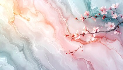 Pink And Green Abstract Marble Background With Cherry Blossoms