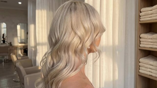 Elegant blonde woman with wavy hair posing in soft sunset light inside modern salon interior near shelves with neatly folded towels