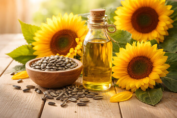 Fresh sunflower oil in a glass bottle with seeds and yellow flowers.
