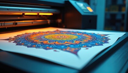 Fototapeta premium Industrial printer creates detailed colorful mandala art print on paper. Machine produces intricate design with precision, showing creative production process. Modern tech makes visual art.