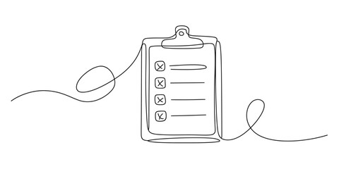Continuous line art drawing of a clipboard checklist with check marks on a white background Vector, illustration © Creative_Outline2019
