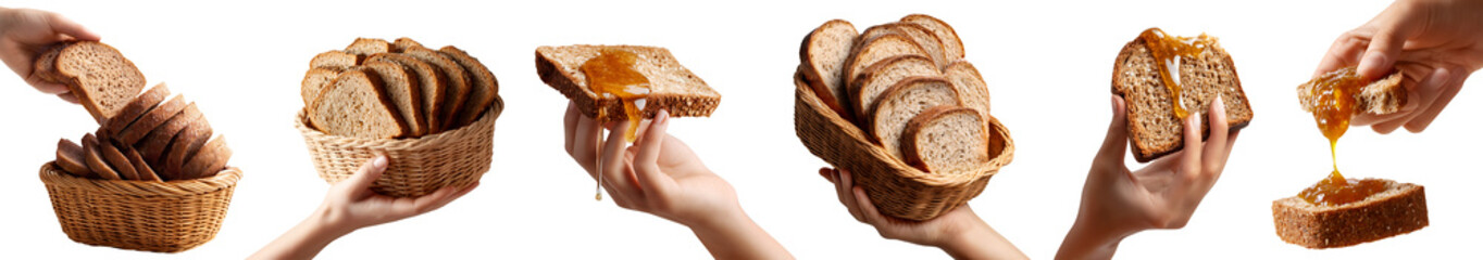 Set of hand holding Whole wheat grain wholemeal bread bun, stack pile slice bite broke, with honey spread drip dip, rattan basket, isolated transparent cutout PNG. Many different style. Mockup design