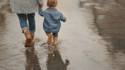 Mother and daughter walking hand in hand through a puddle of water. the mother is wearing a gray and white striped shirt, blue jeans, and brown boots.