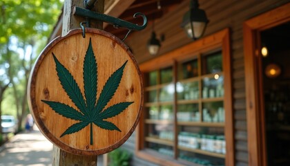 Wooden sign with cannabis leaf symbol hangs outside shop. Store sells legal weed products and marijuana goods. Tourist attraction for cannabis consumers.